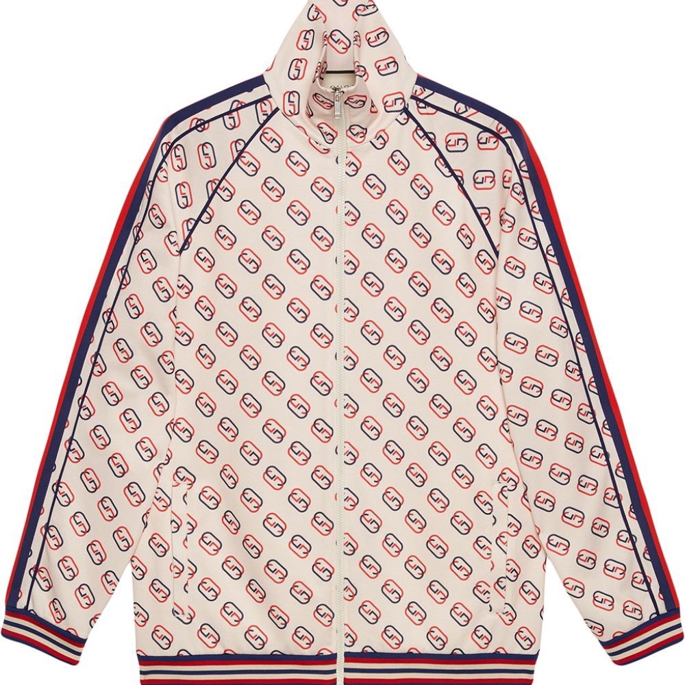 NWT $2,300 Gucci GG Logo Striped Webbing Track Jacket in Ivory Sz M Authentic